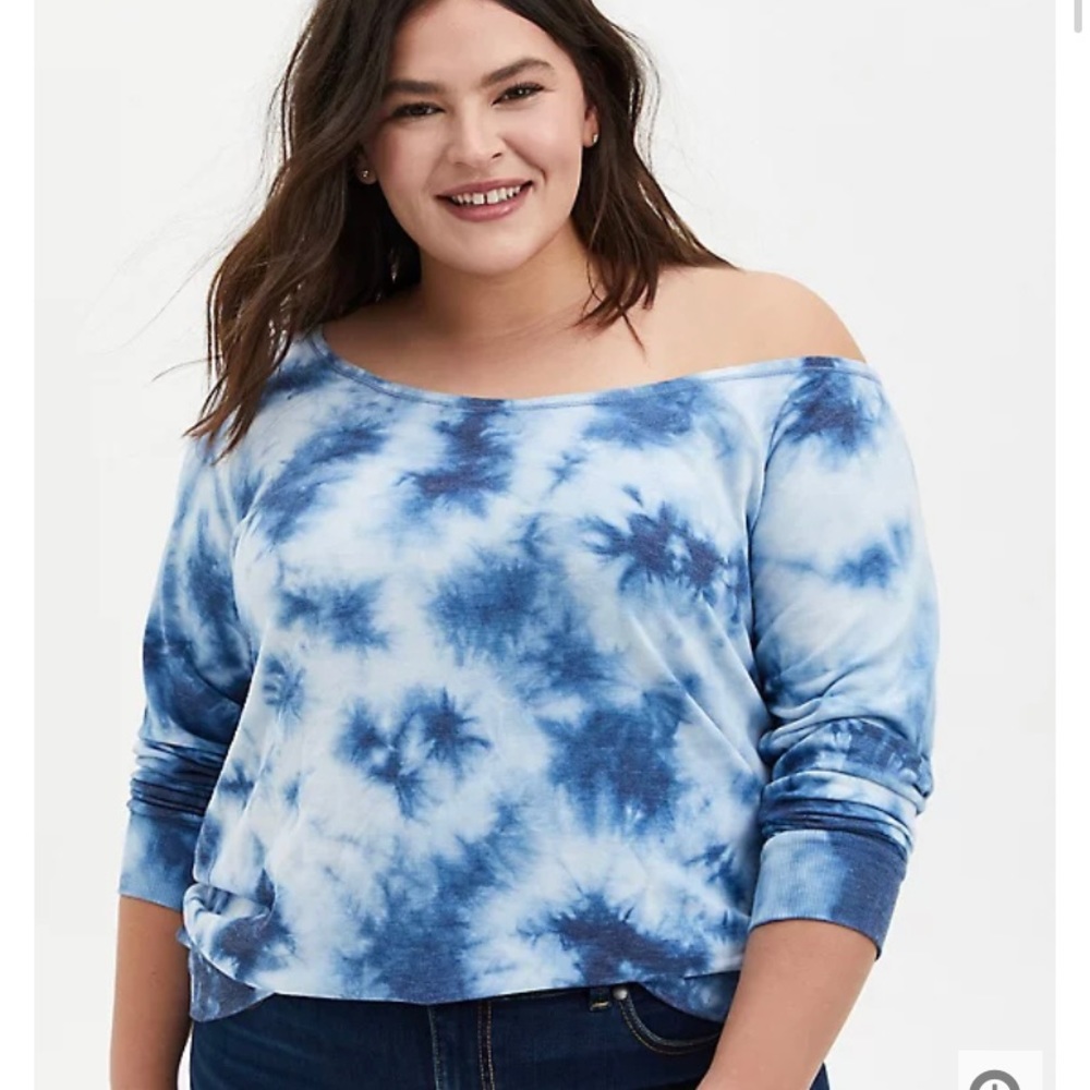 Torrid Size 1 Blue Terry Tie Dye Off Shoulder Sweatshirt NWT